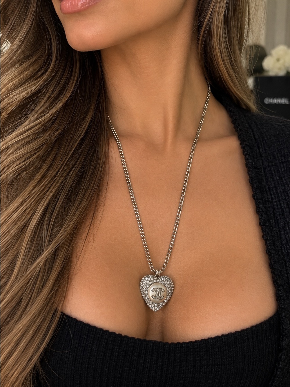 CHANEL Silver Heart Pendant Necklace with Pave Crystals